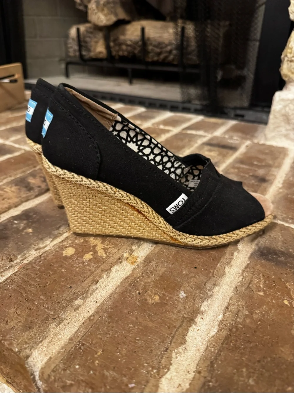 Toms Black Canvas Wedge Espadrille Peep Toe